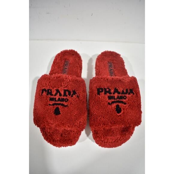 Prada Terry Cloth Roso Red Black Logo Slide Sandal Rubber Sole Flip Flop Flat 36 - Picture 5 of 11